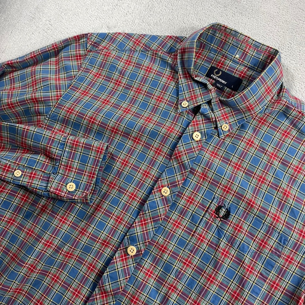 Fred Perry Mens Large Blue Red Plaid Long Sleeve Button Down Shirt Laurel Wreath